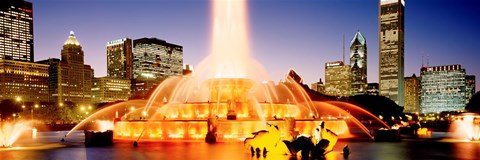 Framed Fountain lit up at dusk, Buckingham Fountain, Chicago, Illinois, USA Print