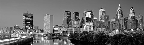 Framed Philadelphia, Pennsylvania Skyline at Night (black and white) Print
