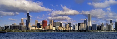 Framed USA, Illinois, Chicago, Panoramic view of an urban skyline by the shore Print