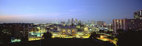 Framed High Angle View Of A City Lit Up At Dusk, Kansas City, Missouri Print