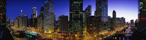 Framed River and Buildings Lit Up At Dusk, Chicago, Illinois Print