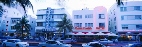 Framed Traffic on road in front of hotels, Ocean Drive, Miami, Florida, USA Print