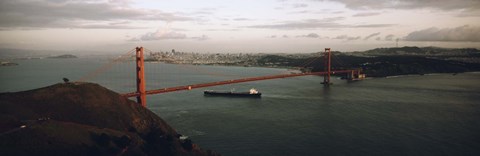 Framed Barge passing under a bridge, Golden Gate Bridge, San Francisco, California, USA Print
