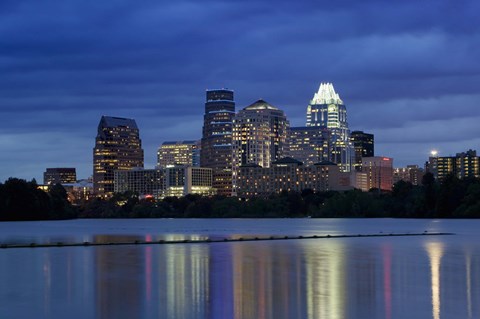 Framed Buildings at the waterfront lit up at dusk, Town Lake, Austin, Texas, USA Print