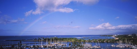Framed Rainbow Over Boats in Honolulu, Hawaii Print