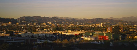 Framed High angle view of a city, San Gabriel Mountains, Hollywood Hills, City of Los Angeles, California, USA Print