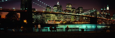 Framed Suspension bridge lit up at dusk, Brooklyn Bridge, East River, Manhattan, New York City, New York State, USA Print