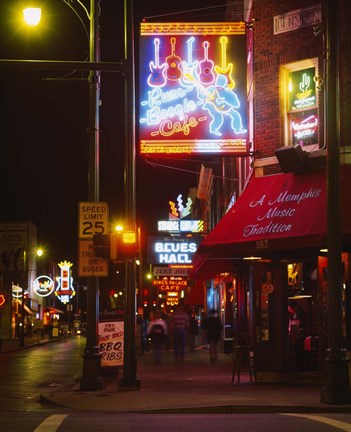 Framed Neon sign lit up at night in a city, Rum Boogie Cafe, Beale Street, Memphis, Shelby County, Tennessee, USA Print