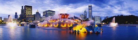 Framed Fountain lit up at dusk, Buckingham Fountain, Grant Park, Chicago, Illinois, USA Print