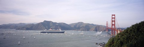 Framed Cruise ship approaching a suspension bridge, RMS Queen Mary 2, Golden Gate Bridge, San Francisco, California, USA Print