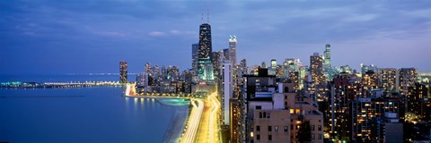 Framed Skyscrapers lit up at the waterfront, Lake Shore Drive, Chicago, Cook County, Illinois, USA Print