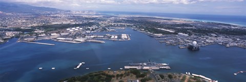 Framed Aerial view of a harbor, Pearl Harbor, Honolulu, Oahu, Hawaii, USA Print