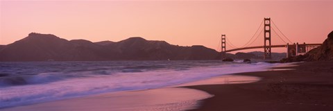 Framed Beach and a suspension bridge at sunset, Baker Beach, Golden Gate Bridge, San Francisco, San Francisco County, California, USA Print