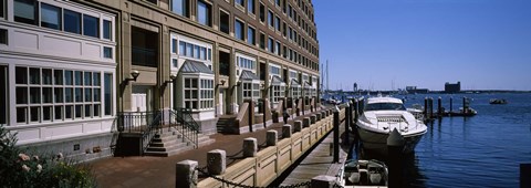 Framed Boats at a harbor, Rowe's Wharf, Boston Harbor, Boston, Suffolk County, Massachusetts, USA Print