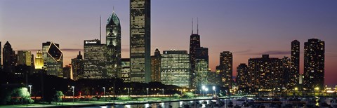 Framed Buildings lit up at dusk, Lake Michigan, Chicago, Cook County, Illinois, USA Print