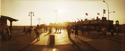 Framed Tourists walking on a boardwalk, Coney Island Boardwalk, Coney Island, Brooklyn, New York City, New York State, USA Print