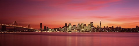 Framed Bay Bridge and San Francisco Skyline at Dusk (pink sky) Print