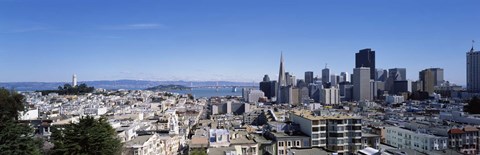 Framed High angle view of a city, Coit Tower, Telegraph Hill, Bay Bridge, San Francisco, California, USA Print