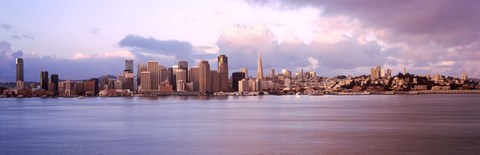 Framed San Francisco city skyline at sunrise viewed from Treasure Island side, San Francisco Bay, California, USA Print