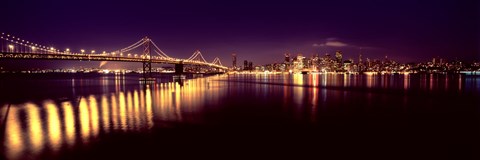 Framed Bridge lit up at night, Bay Bridge, San Francisco Bay, San Francisco, California Print