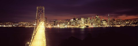 Framed Bay Bridge and San Francisco skyline at night, California Print