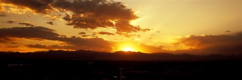 Framed Silhouette of mountains at sunrise, Denver, Colorado, USA Print