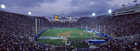Framed Spectators watching baseball match, Los Angeles Dodgers, Los Angeles Memorial Coliseum, Los Angeles, California Print