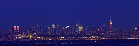 Framed Buildings in a city lit up at night, Upper Manhattan, Manhattan, New York City, New York State, USA Print