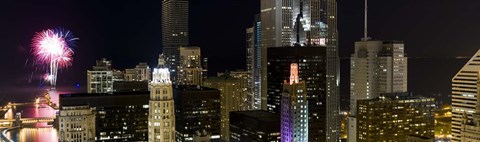 Framed Skyscrapers and firework display in a city at night, Lake Michigan, Chicago, Illinois, USA Print