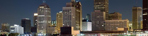 Framed Buildings in a city lit up at night, Detroit River, Detroit, Michigan Print