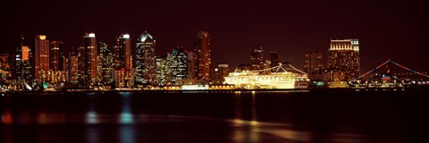 Framed San Diego Skyline at Night Print