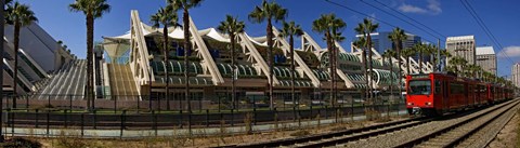 Framed MTS commuter train moving on tracks, San Diego Convention Center, San Diego, California, USA Print