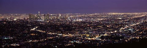 Framed Night View of Los Angeles, California with Purple Sky Print