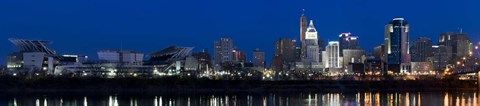 Framed Cincinnati skyline and John A. Roebling Suspension Bridge at twilight from across the Ohio River, Hamilton County, Ohio, USA Print