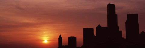 Framed Silhouette of buildings at dusk, Seattle, Washington State Print