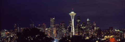 Framed Skyscrapers and Space Needle Lit Up at Night Print