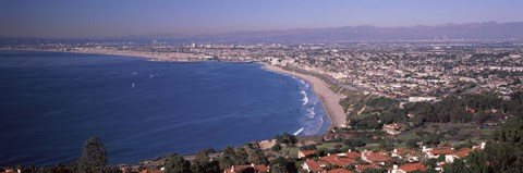 Framed Aerial view of a city at coast, Santa Monica Beach, Beverly Hills, Los Angeles County, California, USA Print