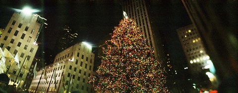 Framed Christmas tree lit up at night, Rockefeller Center, Manhattan, New York State Print