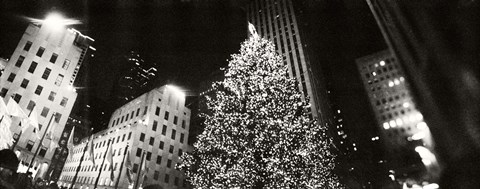 Framed Christmas tree lit up at night, Rockefeller Center, Manhattan (black and white) Print