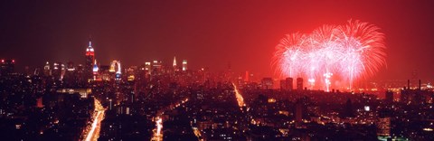 Framed Fireworks display at night over a city, New York City, New York State, USA Print