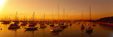 Framed Boats moored at a harbor at dusk, Chicago River, Chicago, Cook County, Illinois, USA Print