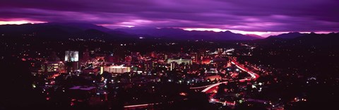 Framed Aerial view of a city lit up at night, Asheville, Buncombe County, North Carolina, USA 2011 Print