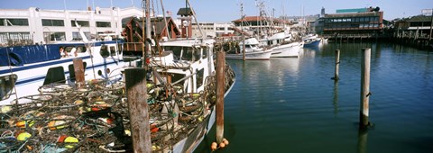 Framed Fishing boats at a dock, Fisherman&#39;s Wharf, San Francisco, California, USA Print