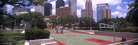 Framed Basketball court with skyscrapers in the background, Houston, Texas Print