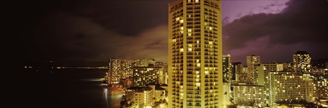 Framed Buildings lit up at night, Honolulu, Oahu, Hawaii, USA Print