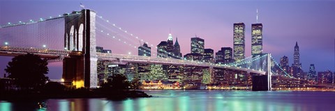 Framed Bridge at dusk, Brooklyn Bridge, East River, World Trade Center, Wall Street, Manhattan, New York City, New York State, USA Print