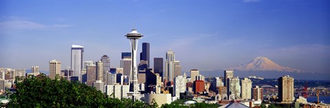 Framed Skyscrapers with mountain in the background, Mt Rainier, Mt Rainier National Park, Space Needle, Seattle, Washington State, USA Print