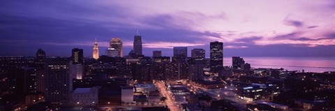 Framed Buildings lit up at night in a city, Cleveland, Cuyahoga County, Ohio, USA Print