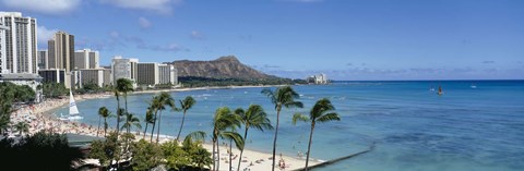 Framed Buildings On The Beach, Waikiki Beach, Honolulu, Oahu, Hawaii, USA Print