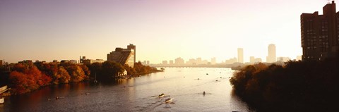 Framed Boats in the river with cityscape in the background, Head of the Charles Regatta, Charles River, Boston, Massachusetts, USA Print
